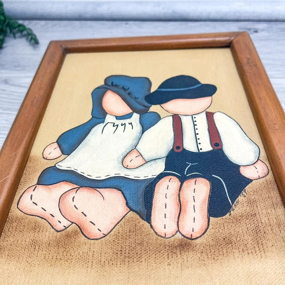 Vintage‎ Still Life Acrylic Painting: Dolls in Wooden Frame, Signed Fenni